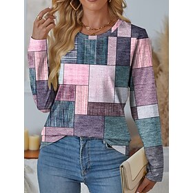 Women's T shirt Crew Neck Long Sleeve Tunic Floral Geometric Plaid Print Regular Tops Round Neck Daily Weekend Pink Green Spring Fall