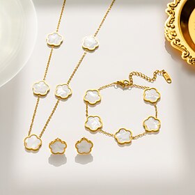 Women's Gold-Plated Flower Jewelry Set with Mother of Pearl  Elegant Necklace, Bracelet, and Earrings for Women