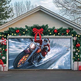 Christmas Outdoor Garage Door Cover Xmas Banner Santa Claus Motorcycle Large Christmas Backdrop Decoration for Holiday Outdoor Garage Door Home Wall Decoration