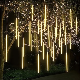 2 Pack Meteor Shower Christmas Lights Outdoor 30cm 8 Tubes 192 LED Falling Rain Lights Plug in Icicle Snow Cascading String Lights for Xmas Tree Holiday Patio