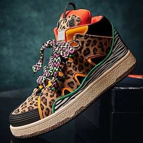 Men's Leopard Print High-Top Sneakers  Trendy Animal Pattern with Colorful Laces, Casual Streetwear Shoes for Urban Fashion