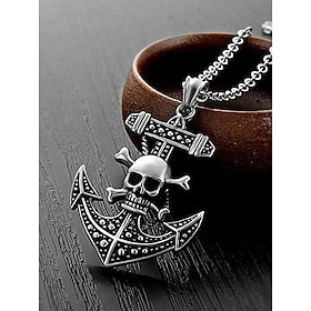 Men's Gothic Skull and Anchor Pendant Necklace – Vintage Pirate-Themed Stainless Steel Chain for Biker, Punk, and Halloween Styles
