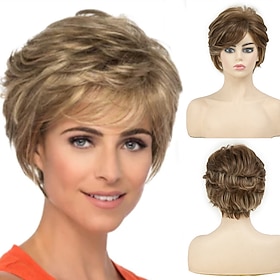 Brown Curly Pixie Wigs for White Women Short Fluffy White Hair with Bangs Natural Synthetic Heat Resistant Wig