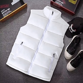 Men's Puffer Vest Vest Gilet Vacation Daily Date Fashion Casual Fall  Winter Pocket Polyester Thermal Warm Comfortable Plain Zipper Stand Collar Regular Fit Bl