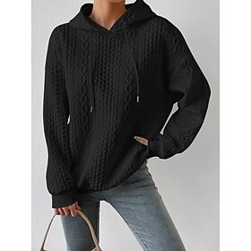 Women's Sweater Pullover Sweater Jumper Casual Soft Pure Color Ribbed Hooded Knitted Long Sleeve Regular Tops Knit Outdoor Daily Weekend Black White Fall Winte