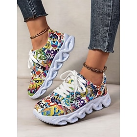 Women's Colorful Graphic Print Sneakers  Trendy Lightweight Lace-Up Athletic Shoes with Cushioned Sole