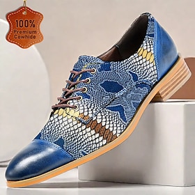 Men's Premium Cowhide Leather Oxford Shoes with Snake Print  Blue Casual Dress Shoes for Formal  Party Occasions