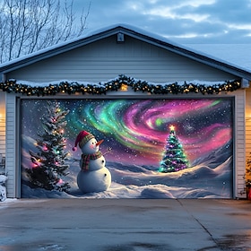Christmas Door Decorations Garage Door Cover Snowman Xmas Tree Outdoor Banner Large Christmas Backdrop for Holiday Home Wall Decorations Gifts Lights