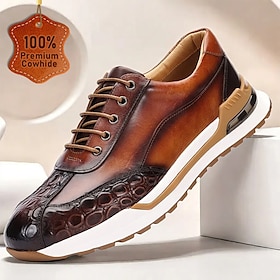 Men's Premium Cowhide Leather Sneakers with Crocodile Texture and Lace-Up Design  Casual Athletic Shoes for Everyday Wear
