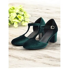 Women's Green Velvet T-Strap Heels with Block Heel  Vintage-Inspired Closed-Toe Dress Shoes for Formal Events and Parties