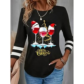 Christmas Women's T Shirt Letter Fashion Modern Casual Long Sleeve Crew Neck Regular Tops Daily Weekend Print Black Fall Winter