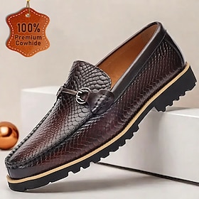 Men's Snakeskin Leather Loafers with Metal Bit Detail - Premium Cowhide Shoes for Formal  Casual Wear