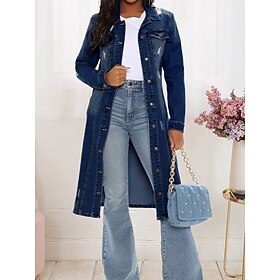 Women's Denim Jacket Outdoor Street Daily Wear Fall Winter Long Coat Regular Fit Thermal Warm Breathable Stylish Casual Jacket Long Sleeve Solid Color with Poc