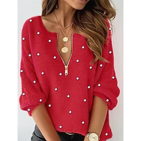 Women's Sweater Pullover Sweater Fuzzy Jumper Crew Neck Ribbed Knit Zipper Knitted Print Fall Winter Outdoor Daily Weekend Casual Soft Long Sleeve Polka Dot Re