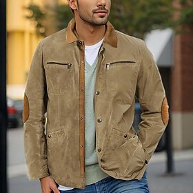 Men's Windbreaker Faux Suede Jacket Brown Suede Jacket Casual Daily Windbreaker Patchwork Pocket Winter Spring Fall Solid Color Vintage Fashion Shirt Collar