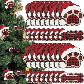 20pcs Dog Paw Christmas DIY Ornaments, Plaid Cut-Out Wooden Dog Bone Paw Print Decorations for Xmas Tree, Personalized Pet Name Tags, Perfect Holiday Gifts for