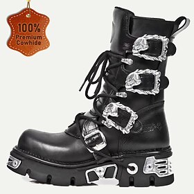 Men's Black Gothic Steampunk Combat Boots with Skull Buckle Accents - Premium Cowhide Leather for Cosplay and Biker Style