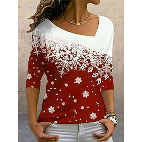 Christmas Women's T Shirt Print 3/4 Sleeve Scoop Neck Gradient Red White Holiday Casual Festive Winter Top Comfortable Soft Touch Regular Fit