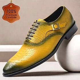 Men's Yellow Gradient Snake Pattern Leather Oxford Shoes with Buckle Detail - Luxury Formal Dress Shoes for Business and Special Occasions