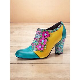 Women's Colorful Floral Lace-Up Block Heel Shoes - Vintage Style Leather Ankle Boots with Decorative Flower Accents