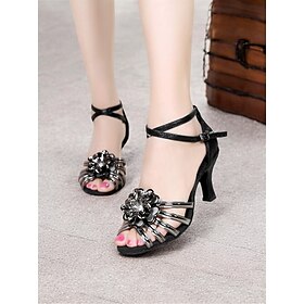 Women's Silver Strappy Dance Shoes with Floral Detail and Suede Sole  Comfortable Heels for Latin Ballroom and Party Events
