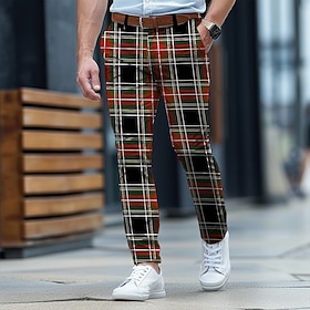 Christmas Men's Christmas Scene Printed Pants Plaid Business Casual Dress Zipper Pocket Mid Waist Formal Dailywear Summer Spring Fall 3D Print Slim Fit Inelast