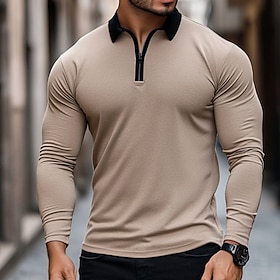 Men's Quarter Zip Polo Golf Shirt Vacation Casual Daily Quarter Zip Long Sleeve Fashion Basic Color Block Front Zipper Spring   Fall Regular Fit Black White Bu