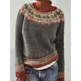Women's Sweater Pullover Sweater Jumper Casual Soft Floral Graphic Ribbed Crew Neck Knitted Long Sleeve Regular Tops Knit Daily Outdoor Weekend Blue Dark Gray