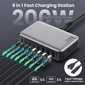 200W USB C Charger Block GaN 8-Port USB C Fast Charging Station PPS PD 65W Laptop Charger Adapter