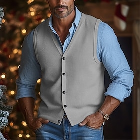 Men's Christmas Sweaters Sweater Vest Cardigan Cropped Knitted Knit Regular Tops Pocket Solid Color V Neck Elegant Vintage Home Work Clothing Apparel Spring Fa