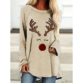 Women's T shirt Long Sleeve Tunic Top Reindeer Print Long Sleeve Round Neck Beige Casual Holiday Festive Apparel Plus Size Comfort Fit Prefall