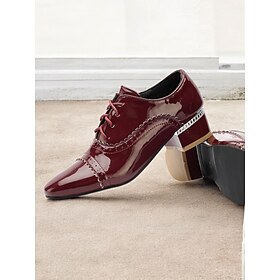 Women's Patent Leather Oxford Heels with Brogue Detailing  Burgundy Lace-Up Dress Shoes with Decorative Heel for Formal Events