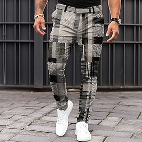 Men's Plaid Color Block Patchwork Dress Pants Mid Waist Business Casual Formal Dailywear Casual Zipper Pocket Summer Spring Fall 3D Print Black