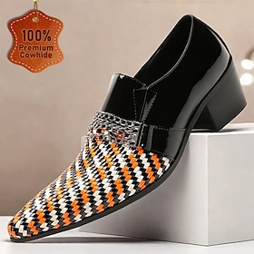 Men's Woven Leather Slip-On Dress Shoes with Chain Detail - Premium Cowhide, Stylish Formal Footwear