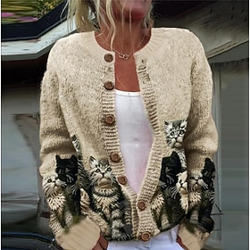 Women's Cardigan Sweater Knitted Ribbed Button Front Round Neck Long Sleeve Lightweight female Daily Graphic Crew Neck Print Regular Tops Knit Weekend Pink Kha