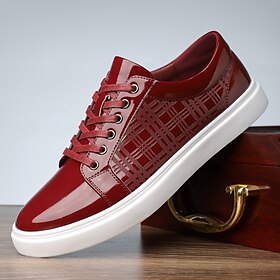 Men's Glossy Red Lace-Up Sneakers with Geometric Pattern, Stylish Casual Shoes for Fashion Events and Streetwear