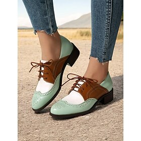 Women's Vintage Oxford Shoes in Mint Green, Brown, and White - Lace-Up Brogue Wingtip Dress Shoes for Casual and Semi-Formal Wear