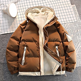 Men's Winter Coat Puffer Jacket Padded Jacket Hoodie Jacket Pocket Daily Vacation Going out Regular Fashion Classic Casual Warm Fall  Winter Color Block Black