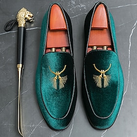 Men's Green Velvet Loafers with Gold Embroidery  Luxurious Slip-On Shoes for Formal Events and Weddings