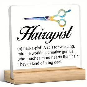 Acrylic Plaque with Wooden Base, Hair Stylist Definition Desk Sign, Creative Scissor Design, Appreciation Gift for Salon Professionals, Horizontal Display
