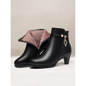 Women's Black Faux Leather Ankle Boots with Warm Faux Fur Lining, Mid Block Heel, Side Zip and Gold Charm Strap for Winter Work, Commuting Dressy Casual Wear