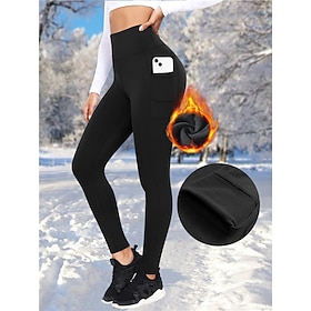 Women's Yoga Pants Fleece Lined Leggings Yoga Leggings with Phone Pocket High Waist Pilates Gym Workout Workout Tights Solid Color Black Burgundy Dark Navy Fle