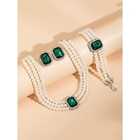 Elegant Women's Pearl Choker Necklace Set with Green Gemstone and Matching Bracelet  Earrings  Formal Occasion Jewelry