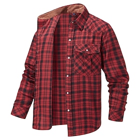 Men's Shirt Flannel Shirt Overshirt Plaid Outdoor Street Red Dark Navy Green Khaki Long Sleeve Collar Winter Spring   Fall Clothing Apparel