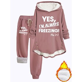 Women's 2 Pieces Fleece Lined Loungewear Set Hoodie and Joggers Casual Cold Weather Phrase Print with  Lining Cozy  Fit Winter