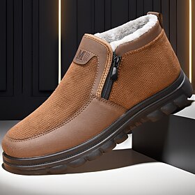 Men's Winter Boots Brown Fleece Lined Ankle Boots with Side Zipper, Warm Casual Walking Shoes with Cushioned Lug Sole for Middle-Aged Men, Daily Outdoor Travel