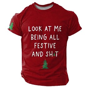 Christmas Men's Letter Print T Shirt Short Sleeve T shirt 3D Print Crew Neck Shirt Fashion Athleisure Street Sports Outdoor Daily Black Red Green Summer Spring