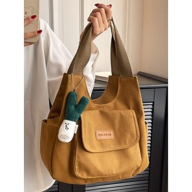 Casual Mustard Canvas Tote Bag with Front Pocket and Adorable Plush Charm - Perfect for Everyday Style