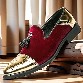 Men's Velvet and Gold Loafers  Luxury Tassel Slip-On Dress Shoes with Brogue Detailing for Christmas,Formal Events