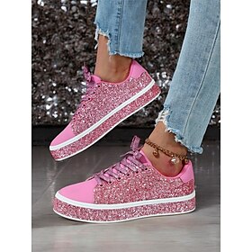 Women's Pink Glitter Lace-Up Sneakers with Comfortable Sole - Stylish Casual Shoes for Parties and Everyday Wear